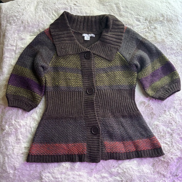 RXB Sweaters - RXB Striped Brown Wool Blend Button-Up Women's Cardigan Sweater, Size M